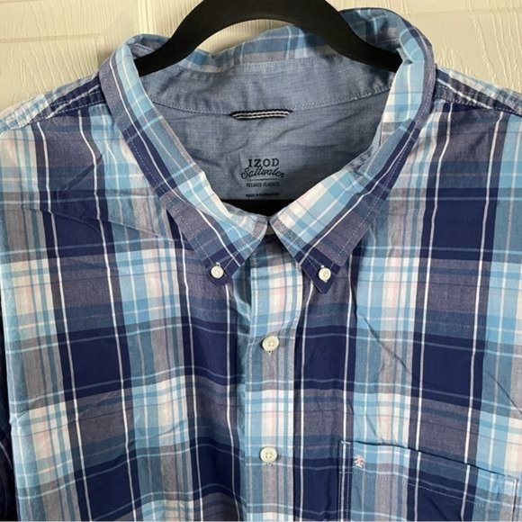 IZOD Saltwater 5X Relaxed Classic Blue Plaid Short Sleeve Button Up Shirt - Picture 4 of 15
